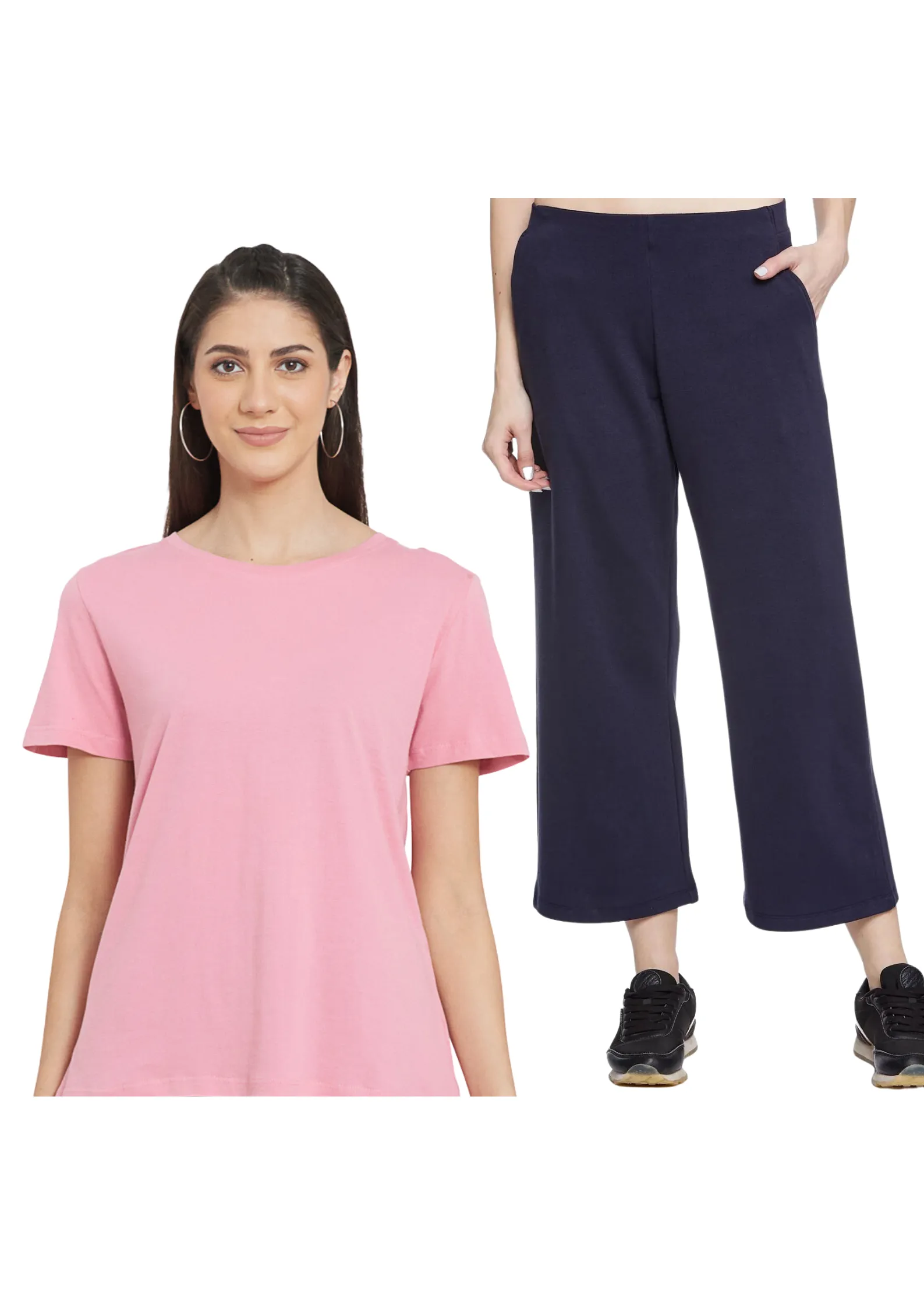 Women Pink Organic Cotton T-shirt with TOP STITCHED JERSEY CULOTTES (BLACK)