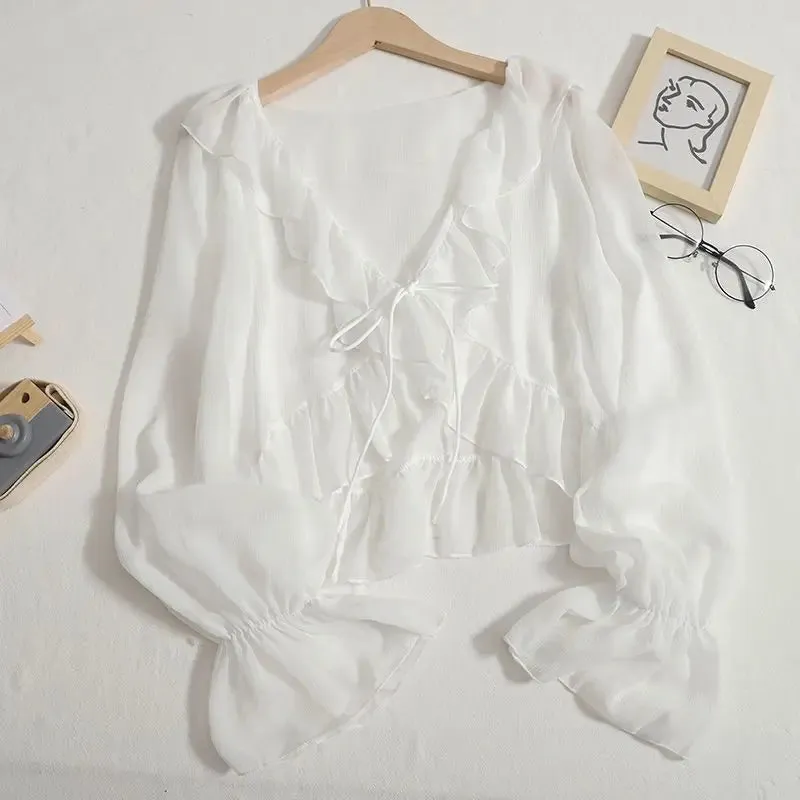 Women Summer Shirts Sweet Long Sleeve Ruffles Flare Sleeve Holiday Solid Sunscreen Tops Tie-Up Cardigans Chiffon Short Shirts