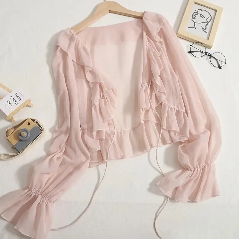 Women Summer Shirts Sweet Long Sleeve Ruffles Flare Sleeve Holiday Solid Sunscreen Tops Tie-Up Cardigans Chiffon Short Shirts