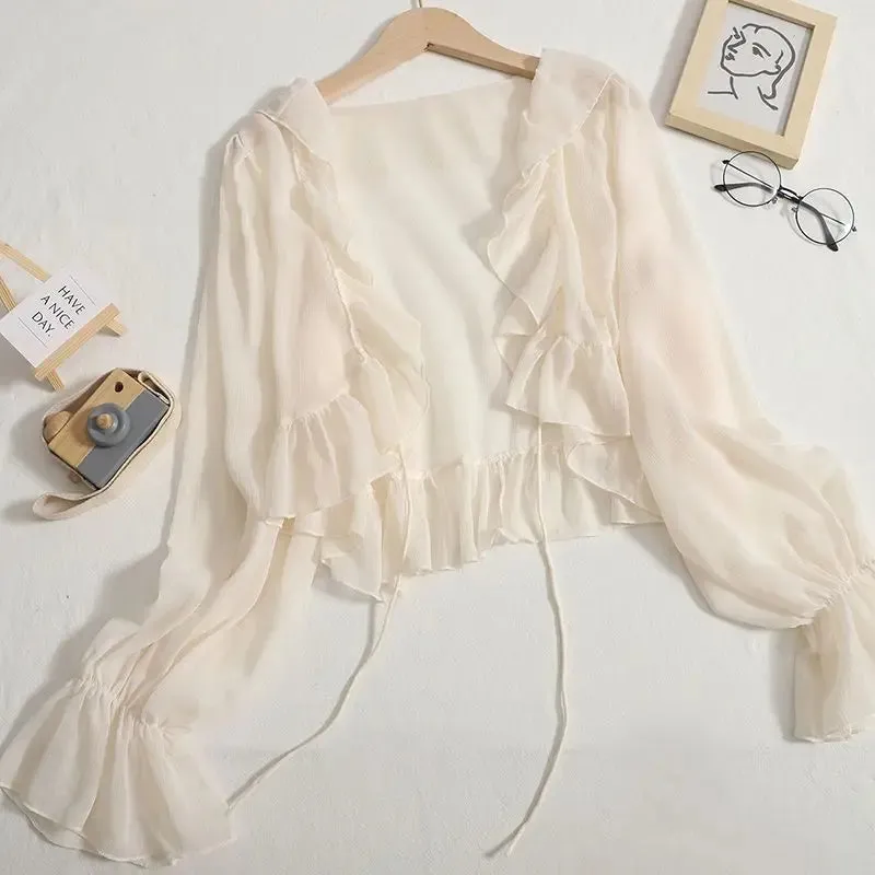 Women Summer Shirts Sweet Long Sleeve Ruffles Flare Sleeve Holiday Solid Sunscreen Tops Tie-Up Cardigans Chiffon Short Shirts