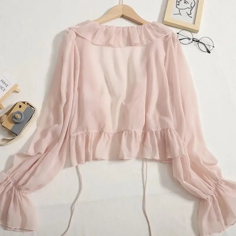 Women Summer Shirts Sweet Long Sleeve Ruffles Flare Sleeve Holiday Solid Sunscreen Tops Tie-Up Cardigans Chiffon Short Shirts