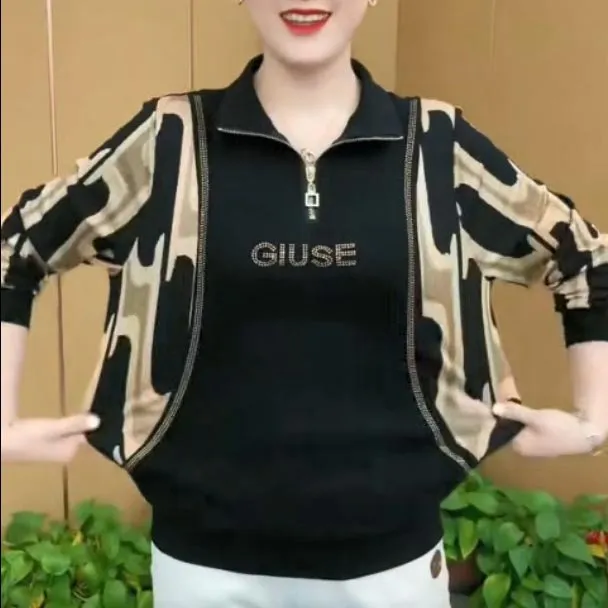 Women’s High-end Lapel Zip-collar Long-sleeve Pullovers