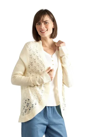 Women's Open Front Curved Hem Pointelle Shrug in Soft Acryllic