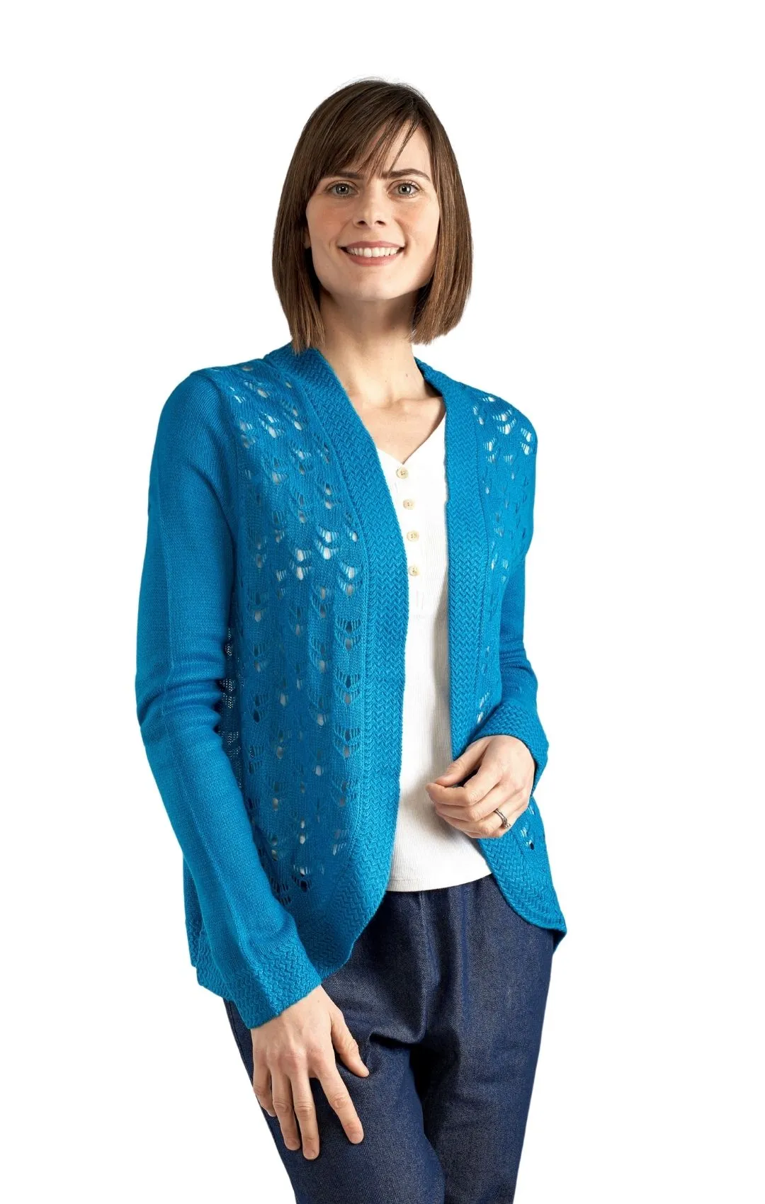 Women's Open Front Curved Hem Pointelle Shrug in Soft Acryllic