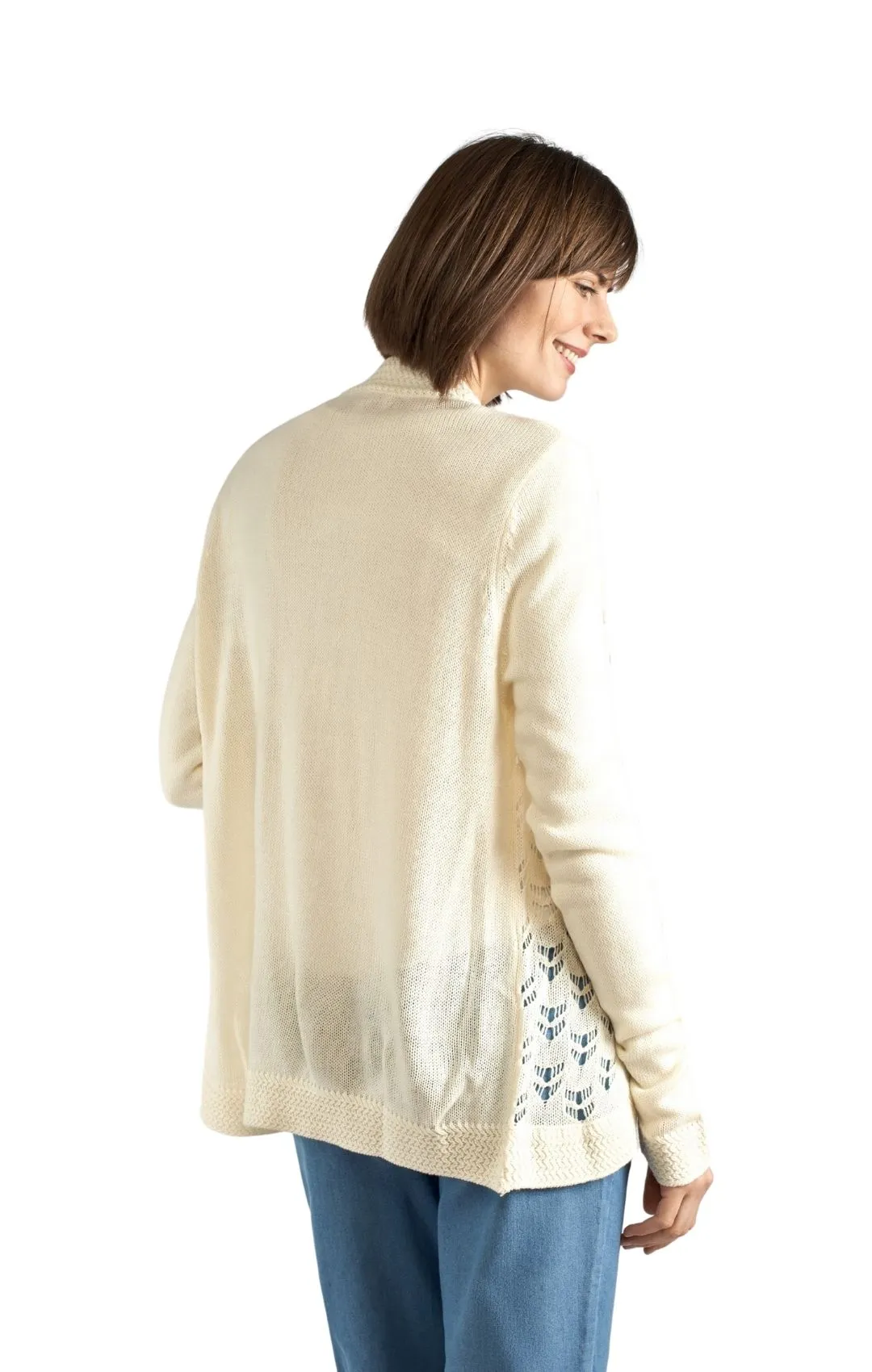 Women's Open Front Curved Hem Pointelle Shrug in Soft Acryllic