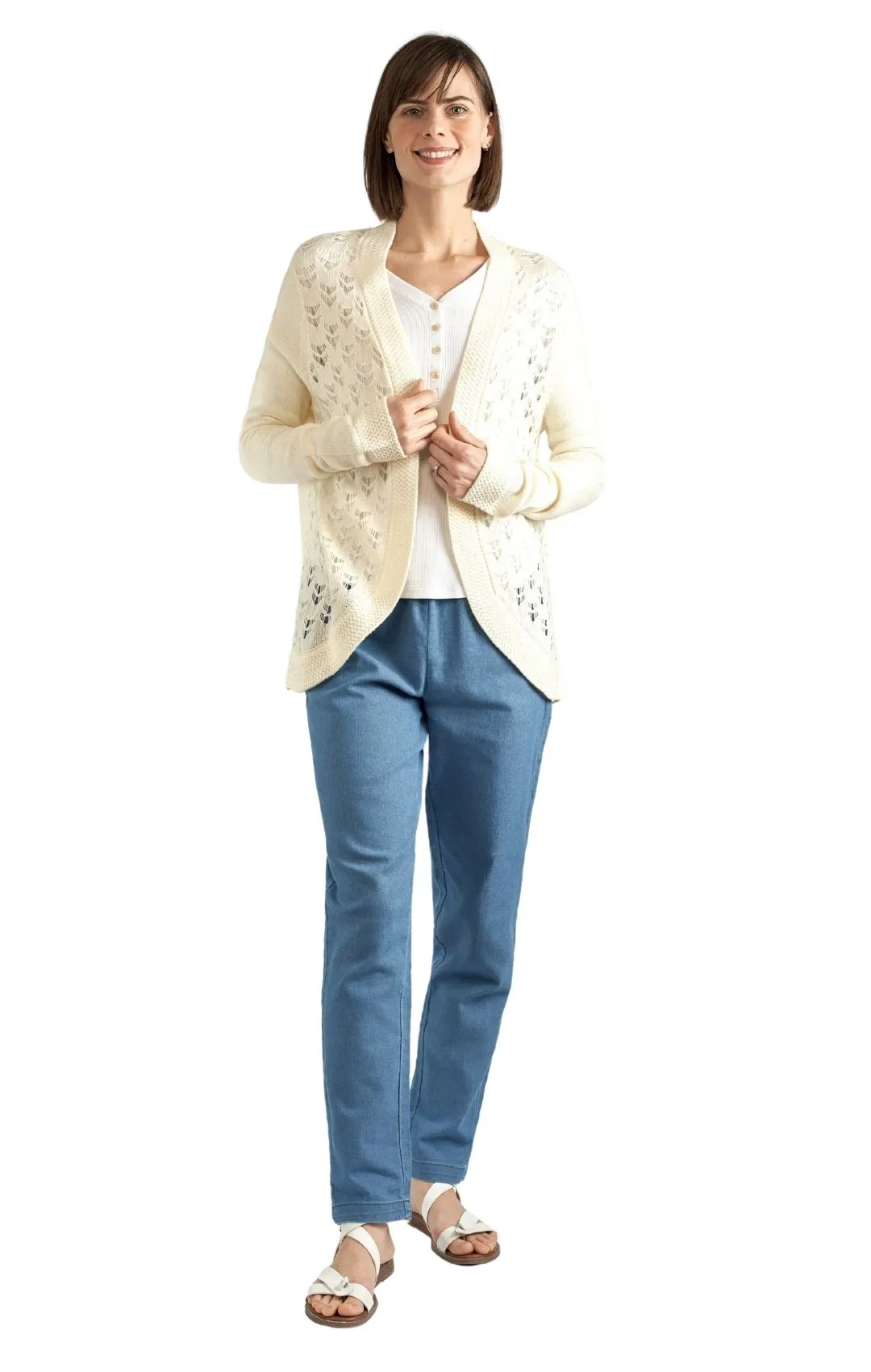 Women's Open Front Curved Hem Pointelle Shrug in Soft Acryllic