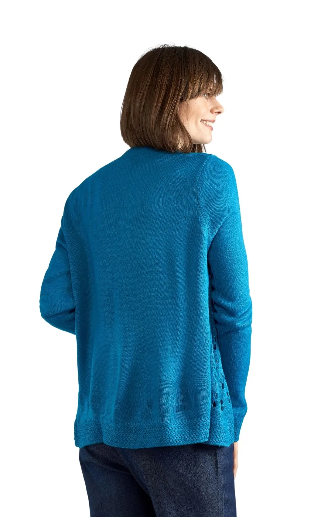 Women's Open Front Curved Hem Pointelle Shrug in Soft Acryllic
