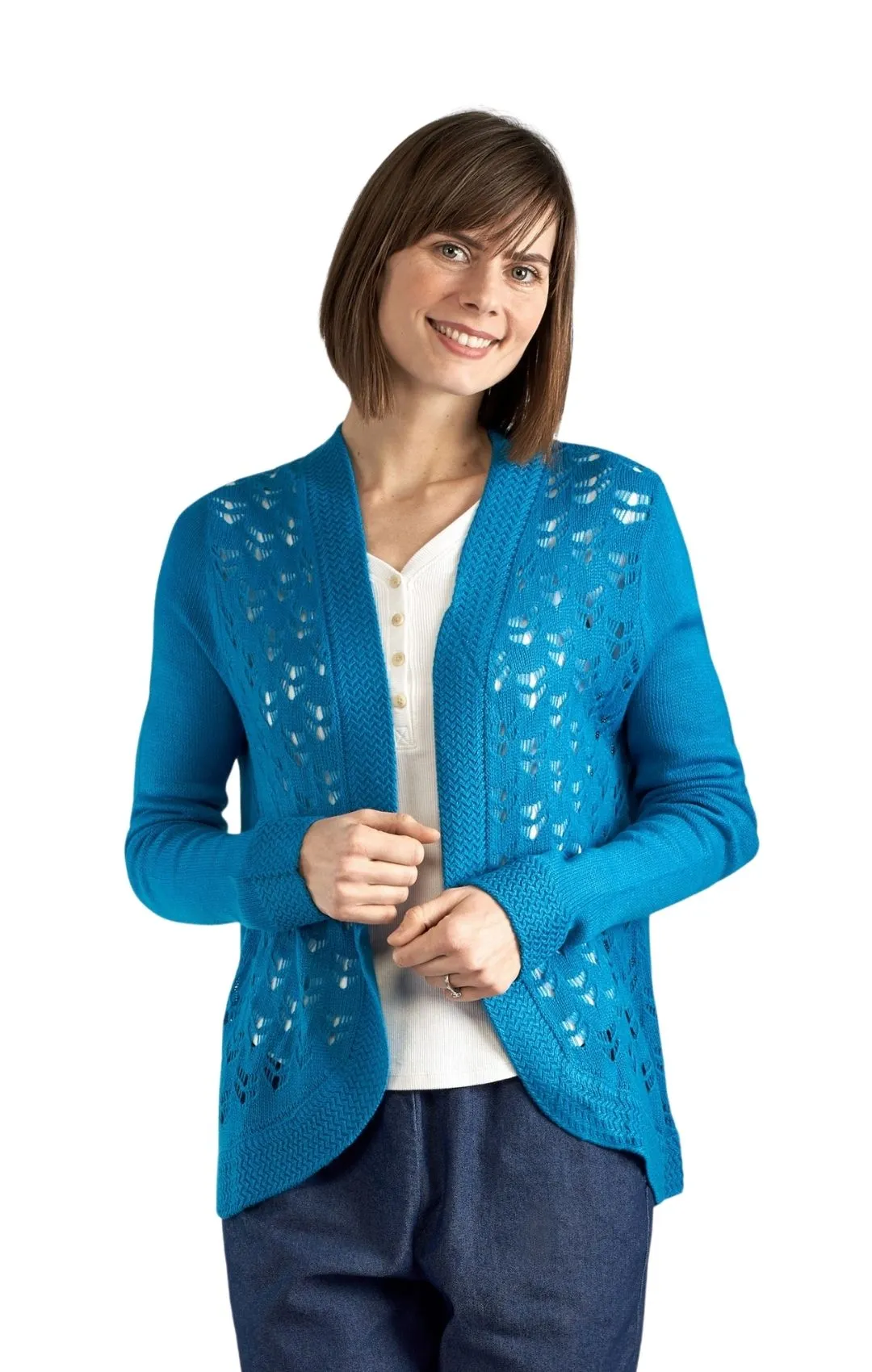 Women's Open Front Curved Hem Pointelle Shrug in Soft Acryllic