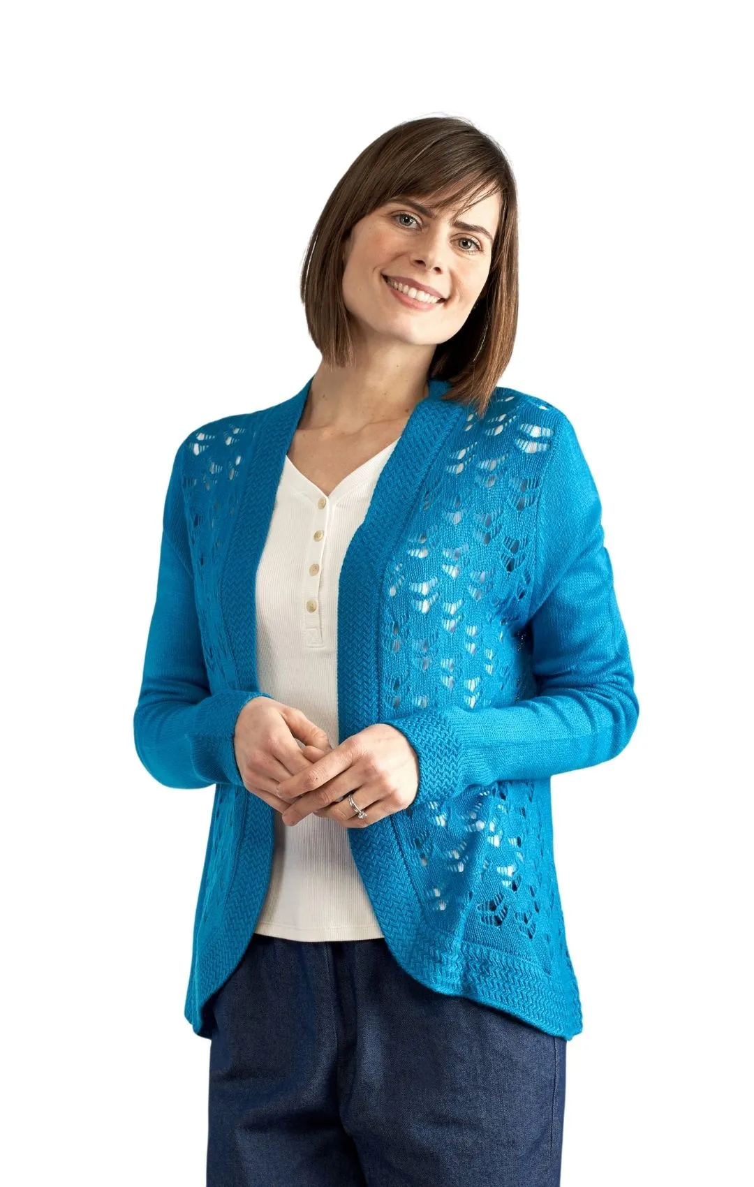 Women's Open Front Curved Hem Pointelle Shrug in Soft Acryllic