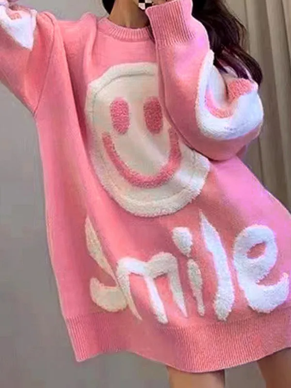 Y2K Smile Print Dickes Lockeres Sweatshirt
