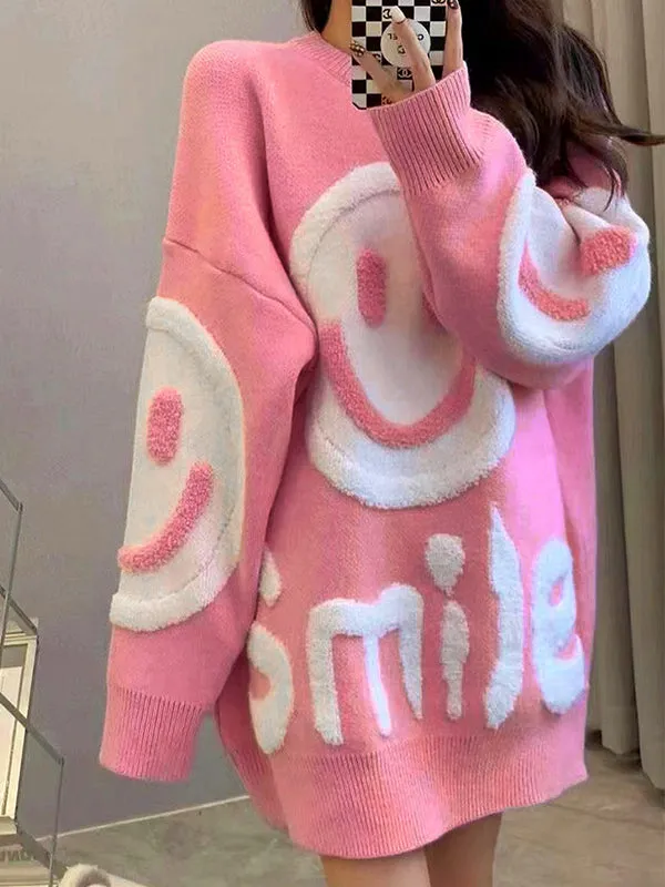 Y2K Smile Print Dickes Lockeres Sweatshirt