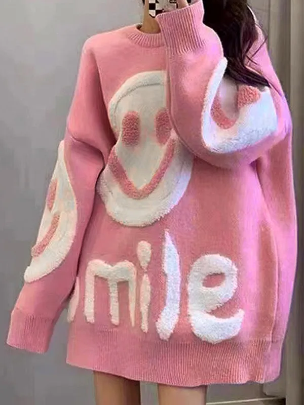 Y2K Smile Print Dickes Lockeres Sweatshirt