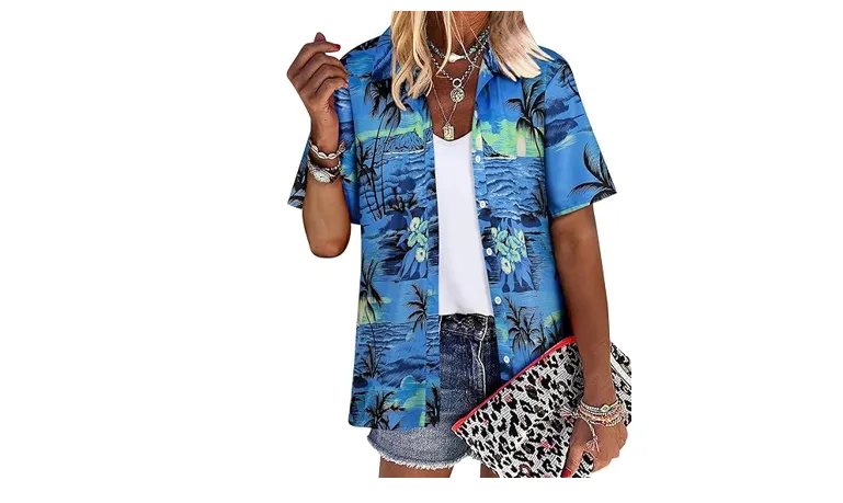 ZXZY Women Cute Hawaiian Shirt Lapel V Neck Short Sleeve Top Loose, A-Blue, M