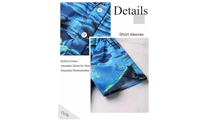 ZXZY Women Cute Hawaiian Shirt Lapel V Neck Short Sleeve Top Loose, A-Blue, M