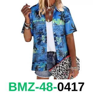 ZXZY Women Cute Hawaiian Shirt Lapel V Neck Short Sleeve Top Loose, A-Blue, M